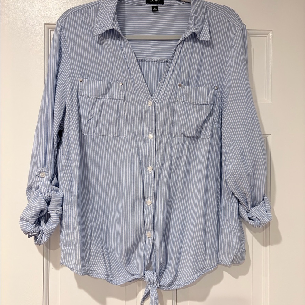 Jones New York Blue & White Stripe Tie-Front Button Down Blouse Size XL